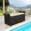 Patio Wicker Storage Bench Outdoor Rattan Deck Storage Box with Cushion (Beige)