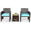 3 Pieces PE Rattan Wicker Furniture Set with Cushion Sofa Coffee Table for Garden-Turquoise - Color: Turquoise