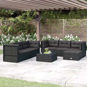 7 Piece Patio Lounge Set with Cushions Black Poly Rattan