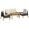 4 Piece Patio Lounge Set with Cushions Poly Rattan and Solid Wood