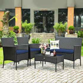 4 Pieces Patio Rattan Cushioned Sofa Set with Tempered Glass Coffee Table (Color: Navy & Off White)