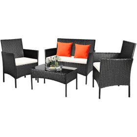 4 Pieces Patio Rattan Cushioned Sofa Set with Tempered Glass Coffee Table (Color: White)