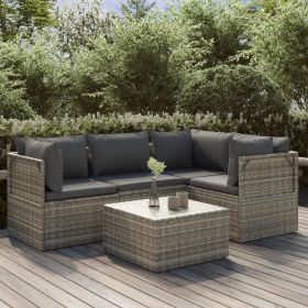 5 Piece Patio Lounge Set with Cushions Gray Poly Rattan (Color: Gray)