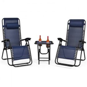 Pool Garden Patio Portable Zero Gravity Folding Reclining Lounge Chairs Table 3 Pieces Set (Color: navy)