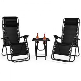 Pool Garden Patio Portable Zero Gravity Folding Reclining Lounge Chairs Table 3 Pieces Set (Color: Black)