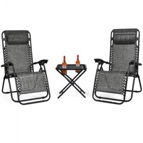 Pool Garden Patio Portable Zero Gravity Folding Reclining Lounge Chairs Table 3 Pieces Set (Color: Gray)