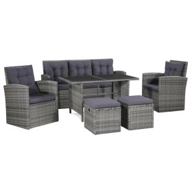 6 Piece Patio Lounge Set with Cushions Poly Rattan Gray (Color: Grey)