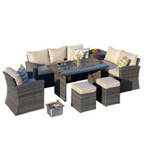 Direct Wicker 7 PCS PE Rattan Patio Garden Sofa Conversation Set with Cushions (Color: Grey)