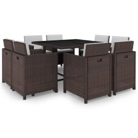 9 Piece Patio Dining Set with Cushions Poly Rattan Brown (Color: Brown)