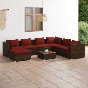 8 Piece Patio Lounge Set with Cushions Poly Rattan Brown (Color: Brown)