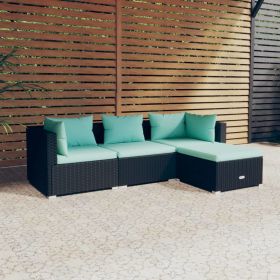 4 Piece Patio Lounge Set with Cushions Poly Rattan Black (Color: Black)