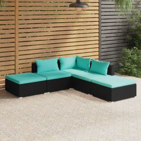 5 Piece Patio Lounge Set with Cushions Poly Rattan Black (Color: Black)