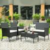 4 Pieces Patio Rattan Cushioned Sofa Set with Tempered Glass Coffee Table